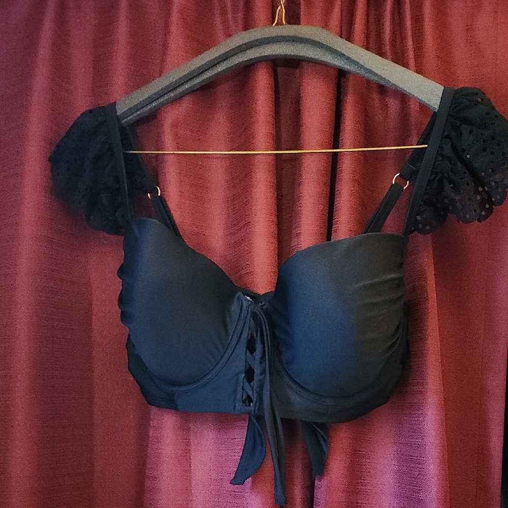 Black Lace-Up Women's Swim Top